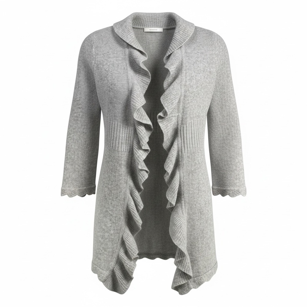 Identity Grey Ruffle Open Front Cardigan Scallop Trim Pointelle Knit Sweater